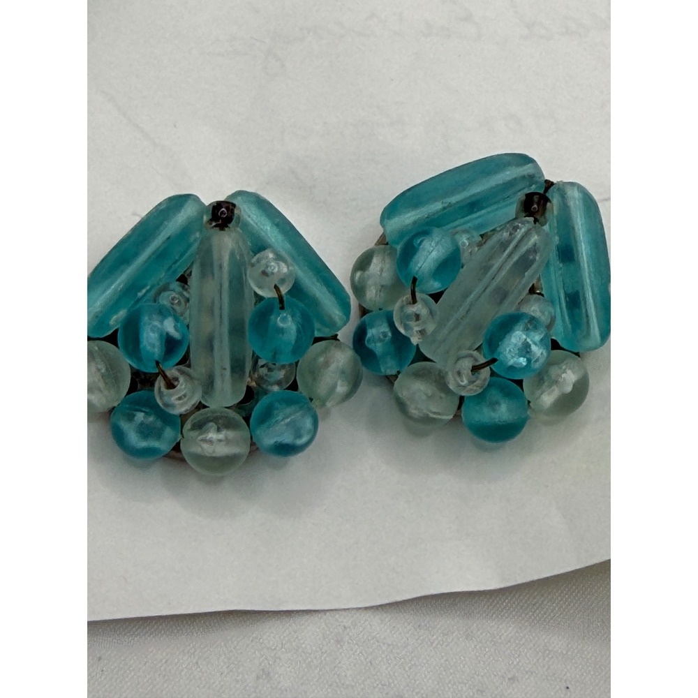 Vintage Hong Kong Aqua Blue Glass Bead Cluster Clip On Earrings 1950s 1960s
